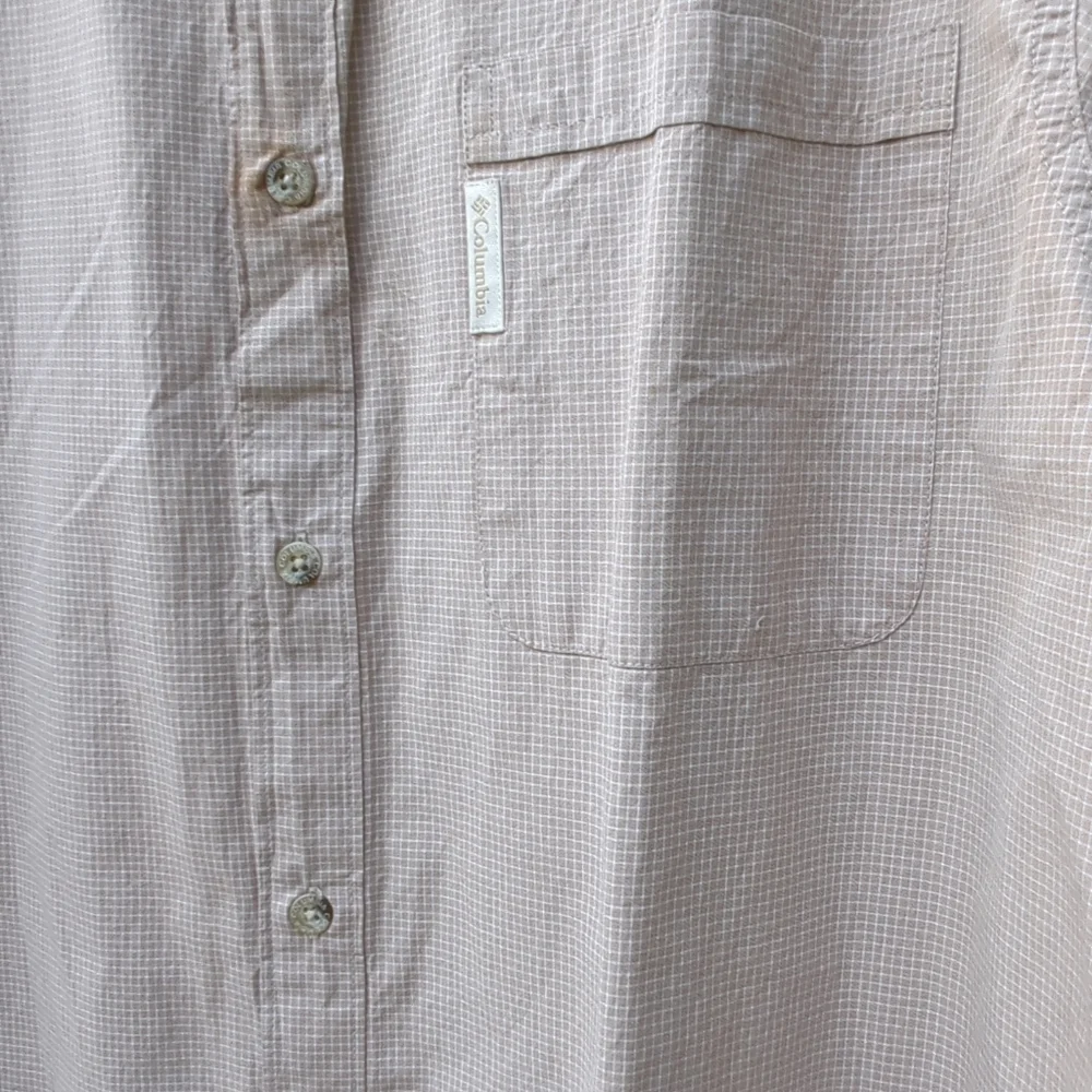Columbia Mens Large Short Sleeve Button Up Cotton Shirt Plaid Tan and White - Picture 5 of 11